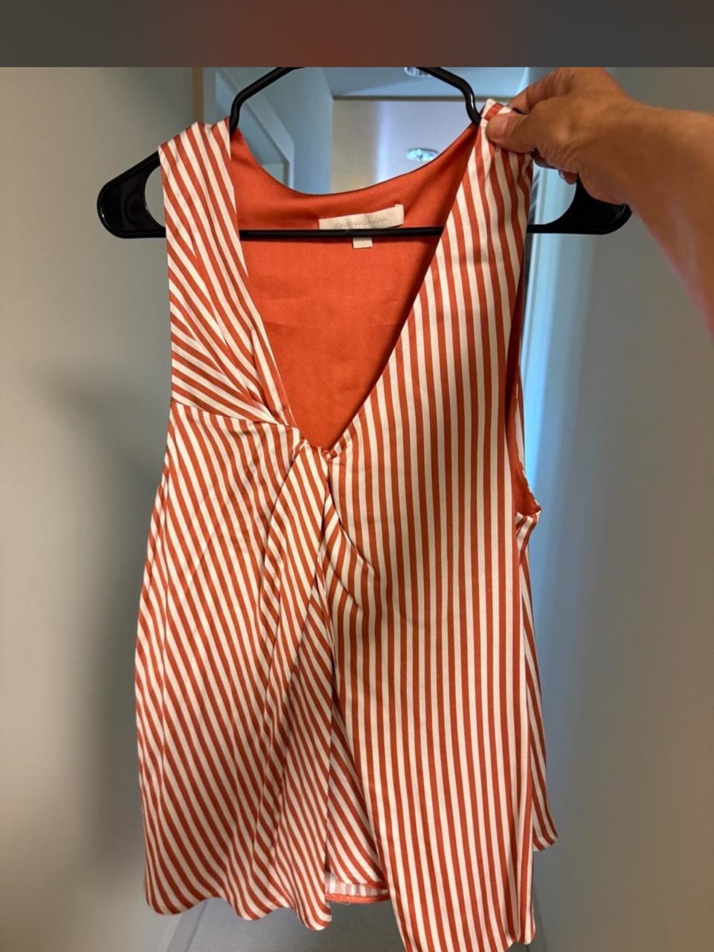 Striped V-Neck Sleeveless Scoop Satin Tank Top in Orange and White